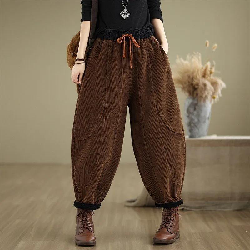 Women's Winter Thickened Vintage Corduroy Harem Pants Casual Warm Trousers