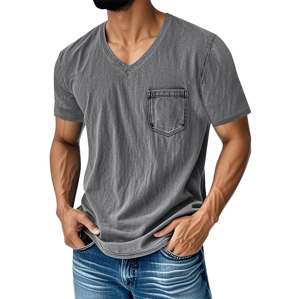 Men's Summer Solid Color V-Neck Loose Pocket Short Sleeve Top