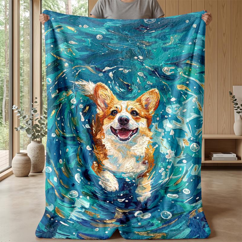 Dancing Dog in Water blanket Personalized Name Flannel Blanket Soft Cozy Plush Throw for Sofa Bed Lightweight Home Decor