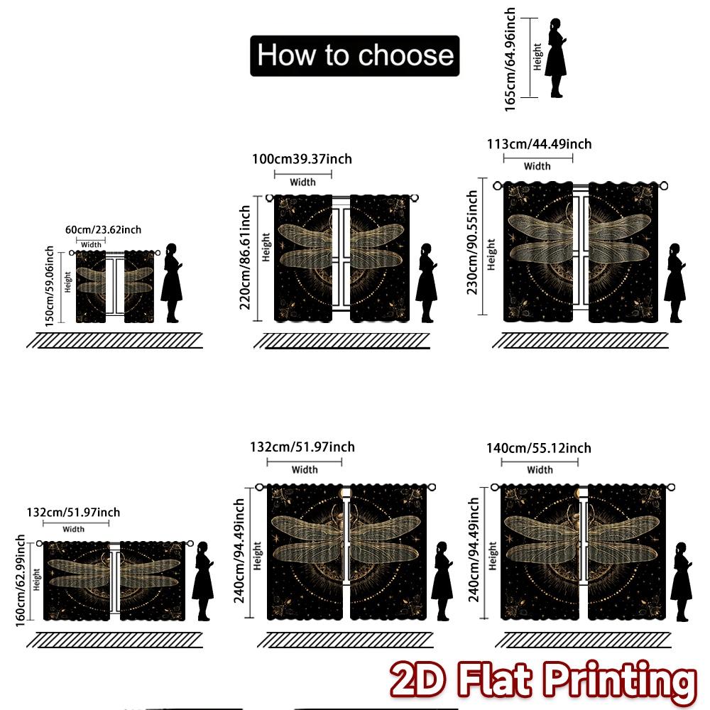2pcs, 2D FLAT PRINTING Curtains (Without Rod) Golden Dragonfly Holiday Printed Curtains Semi-Sheer Curtains Outdoor Decorations