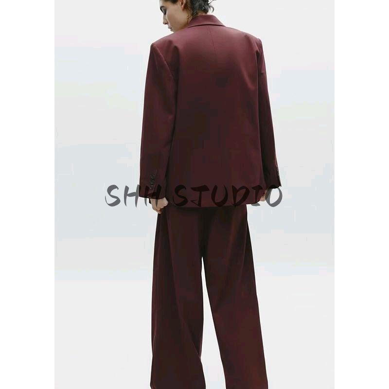 High Waist Strap Decoration Double Pleated Casual Pants 2180403 Double Breasted Loose Casual Suit Jacket 2010738