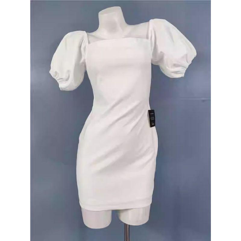 

Export Single Lu Pure White Fairy Puff Sleeves Square Collar Design Sheath Open Back Special-Interest Design Dress Short Skirt for Women White XL