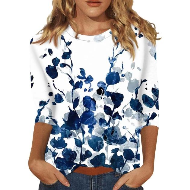2026 Spring/Summer New Women's Fashion Printed Three-Quarter Sleeve Loose Round Neck Casual T-Shirt Top
