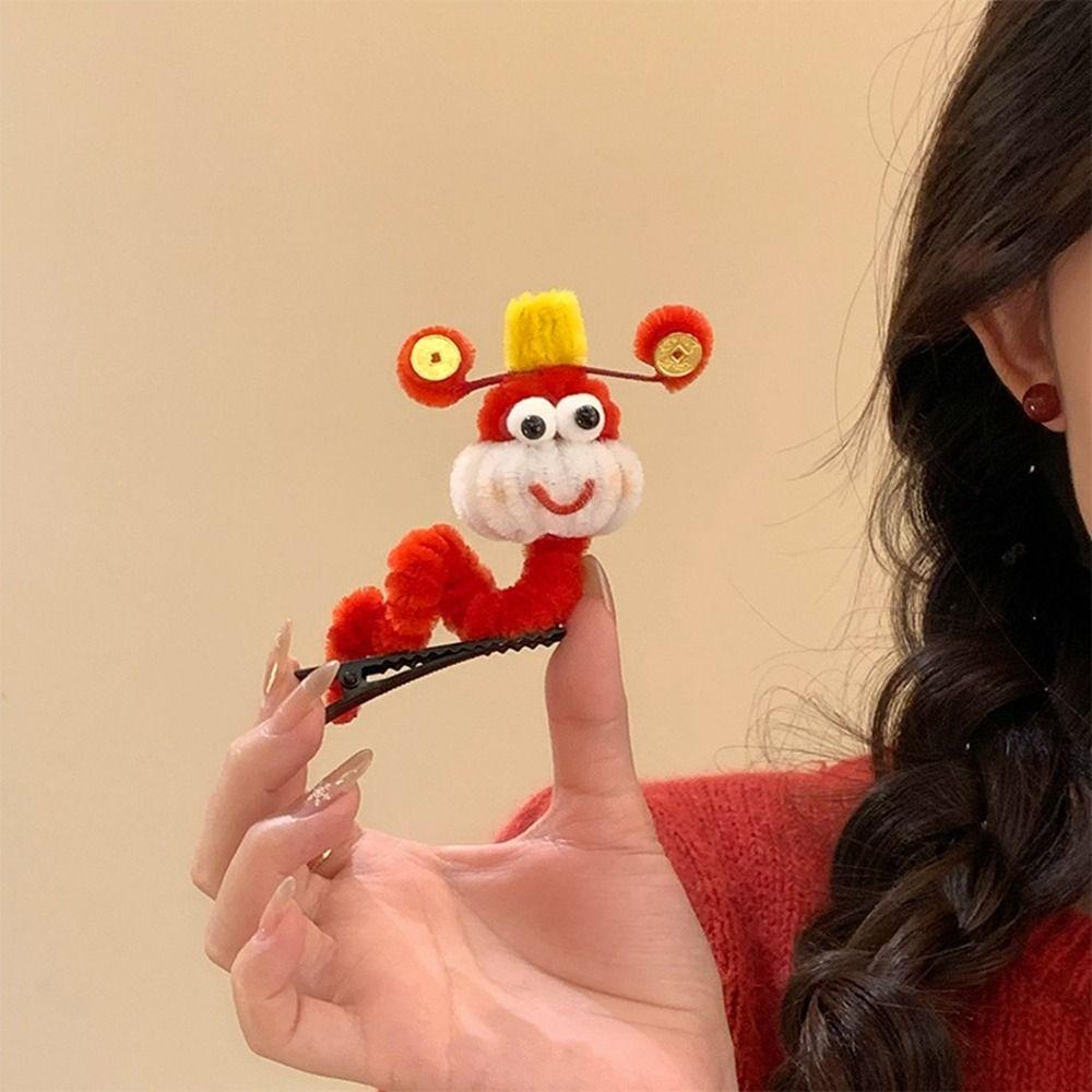 Cartoon Chinese New Year Headwear God of Wealth Cute Animals Hair Clip Red Snake Hairpin  Children