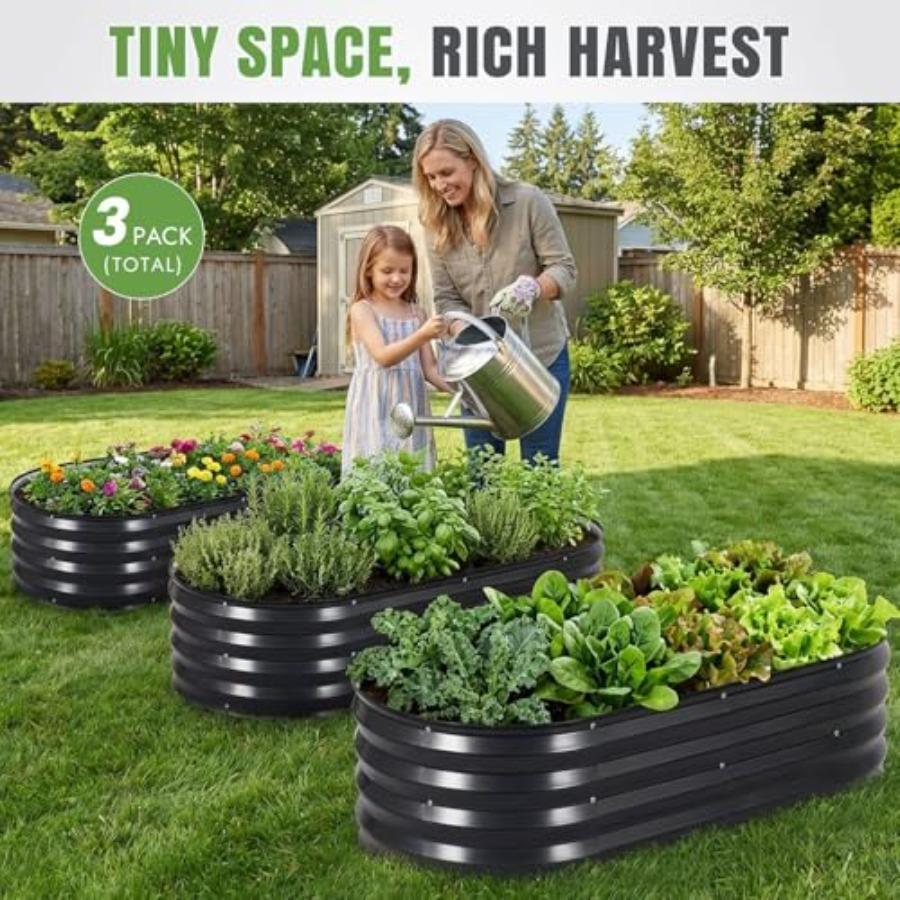3Pcs Galvanized Raised Garden Bed Kit Outdoor Metal Raised Garden Beds for Vegetables Rust-Resistant Easy Assembly 4x2x1ft Oval