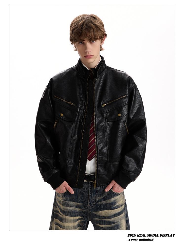 Men's Retro Litchi Pattern PU Leather Winter Motorcycle Jacket