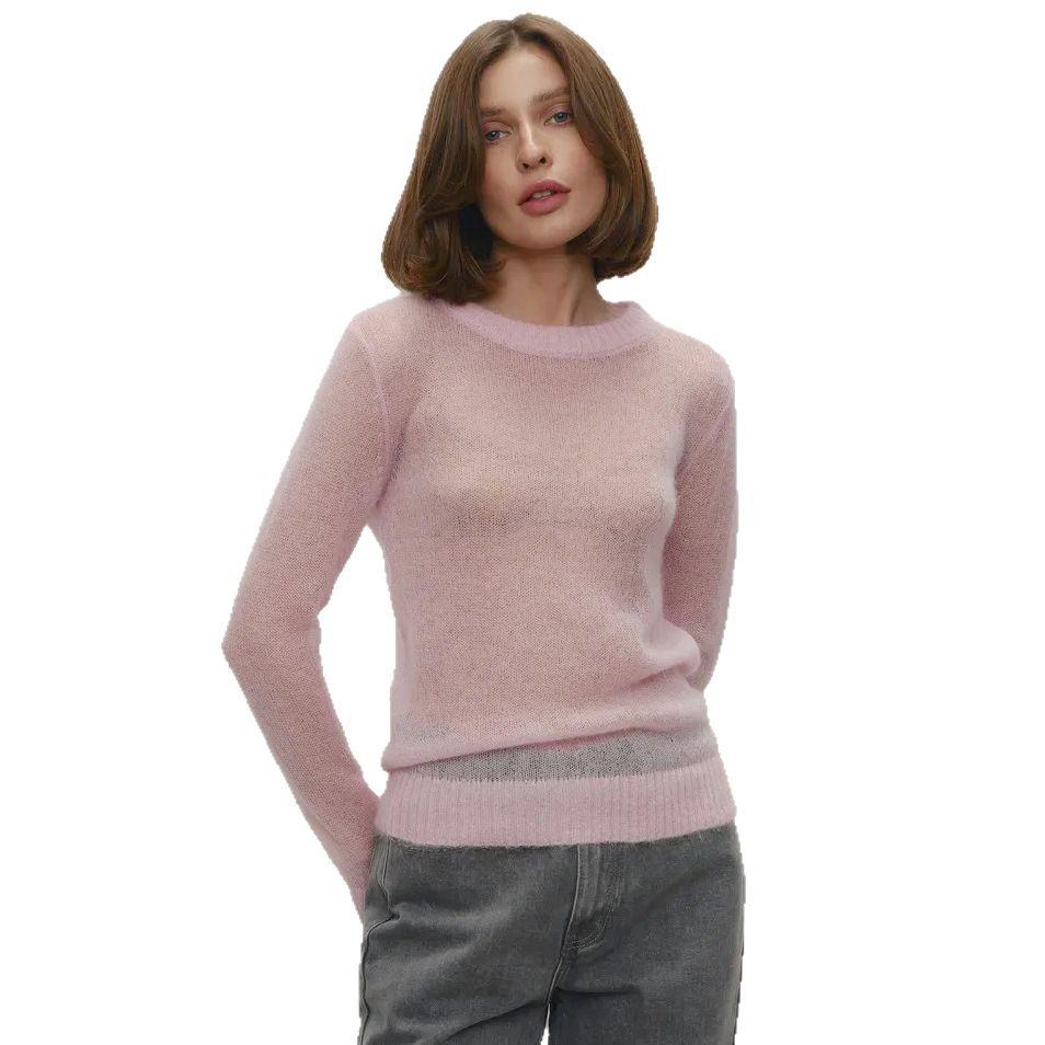 2025 Spring/Summer Women's European-American Mohair Crew Neck Semi-Transparent Knitted Sweater