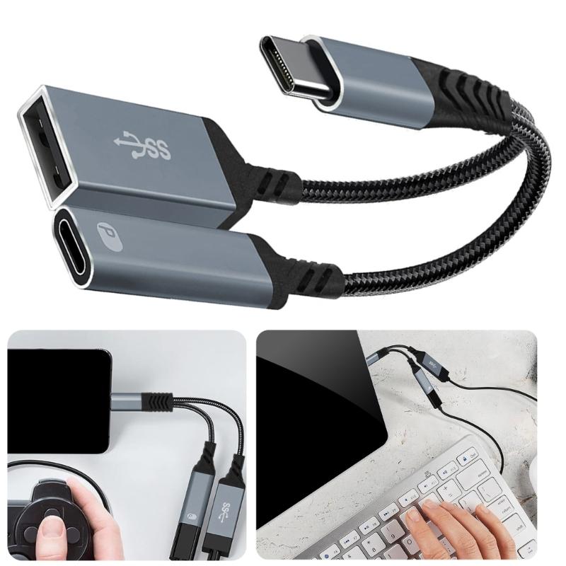USB C To USB 2.0 OTG Adapter with PD60W Charging Port and Fast Data Transfer for Type C Devices