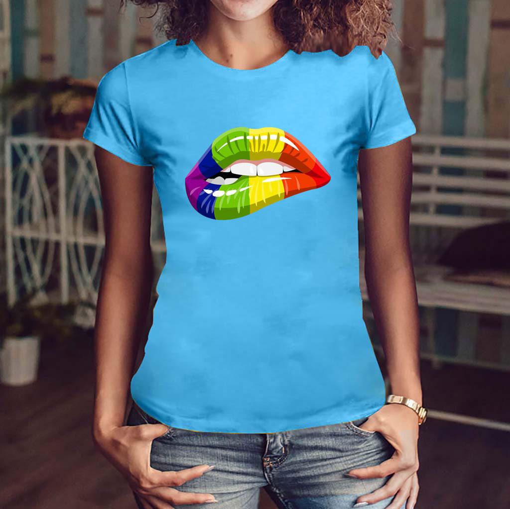 Women Girls Plus Size Lips Print Shirt Short Sleeve T Shirt Blouse Tops