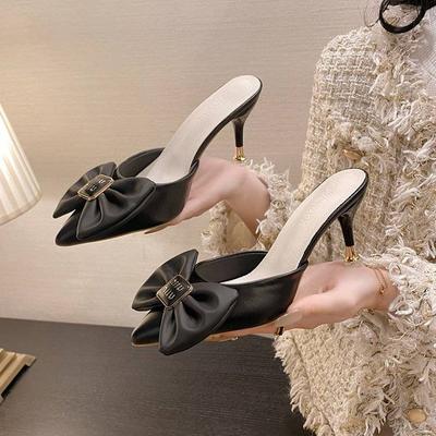 Bow High-heeled Sandals Pointed-toed Thin-heeled Mueller Shoes Women's Fashion Outer Wear 2025 Summer Internet Celebrity Bag Head Half Slippers