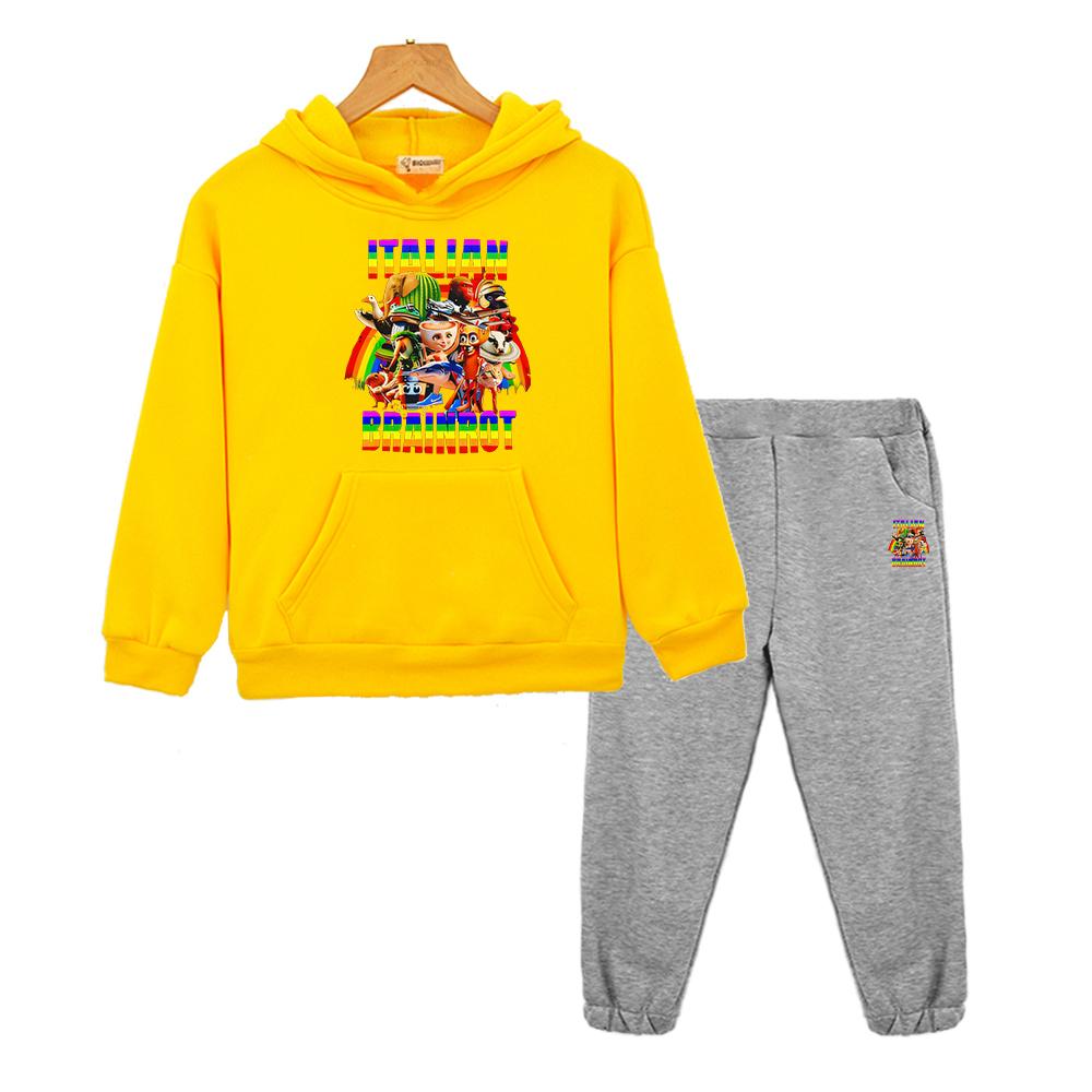 Italian Brainrot Autumn Anime hoodie Fleece Sweatshirt Jacket 2pcs pullover+Pants boys girls Hooded Sets kids boutique clothes