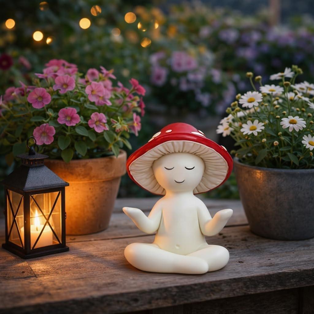 Cute Meditation Sitting Yoga Mushroom Tabletop Decoration for Home and Living Room, Resin Craftwork.