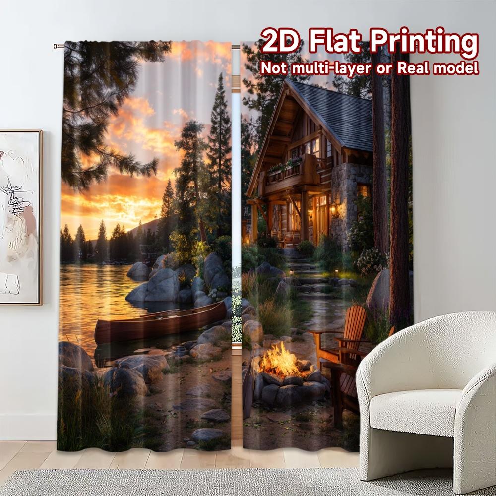 Set Of 2 Flat Printing Curtains Without Rod Lakeside Retreat Chic Curtain Fabric Versatile Home Decor Polyester