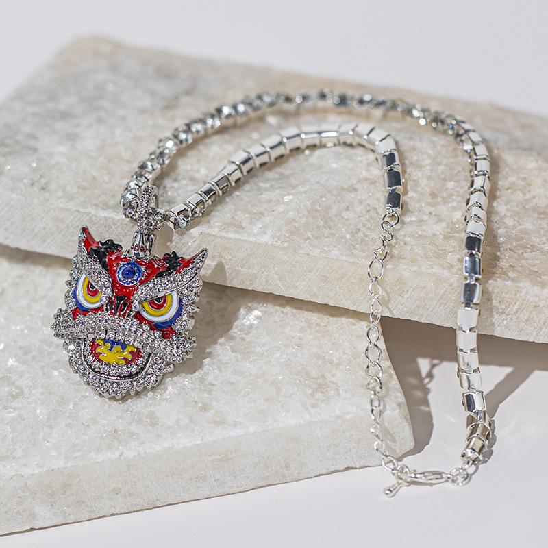 Guochao Retro Creative Lion Dance Pendant Hip-Hop Alloy Colored Lion Head Necklace Trendy Accessories