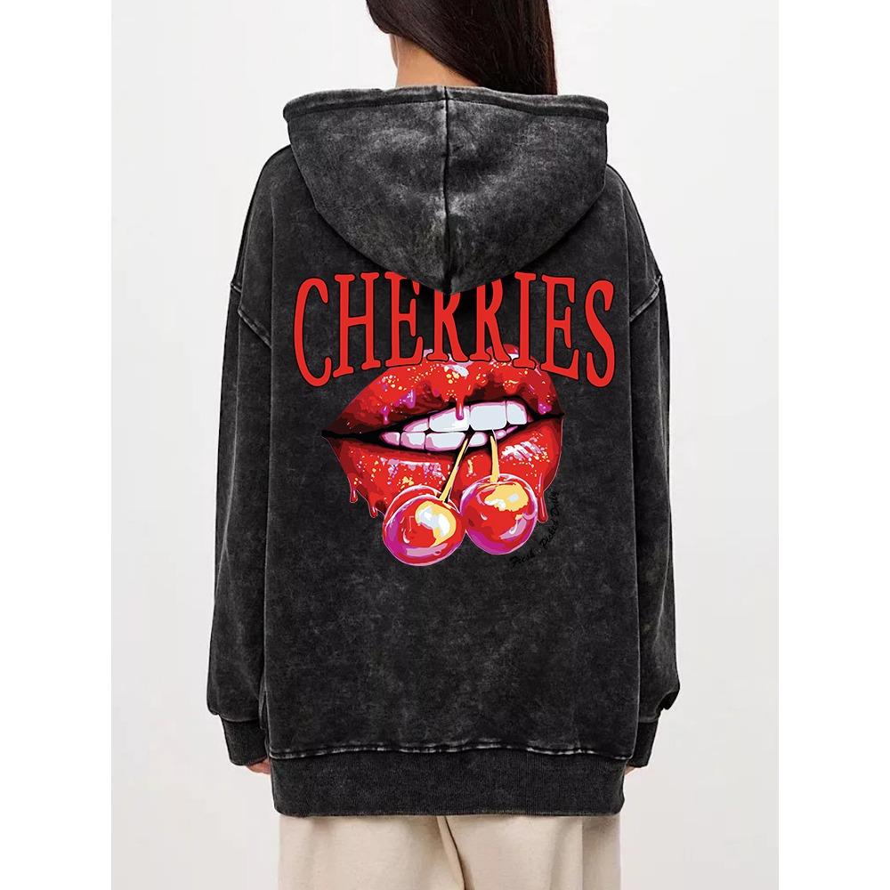 Oversized Womens Washed Hoodie Cherries On The Lips Print Pullover Comfortable Warm Cotton Sweatshirts Streetwear