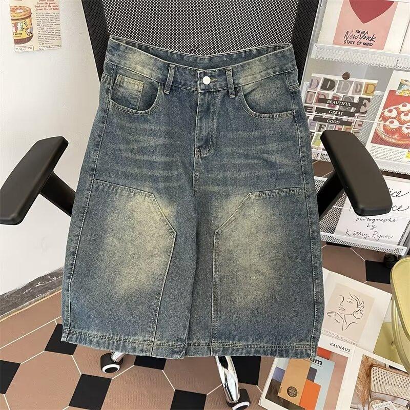 American Retro Washed High Street Denim Shorts Men's Straight Wide Legs Old Casual Versatile Five-point Pants Trendy Jeans