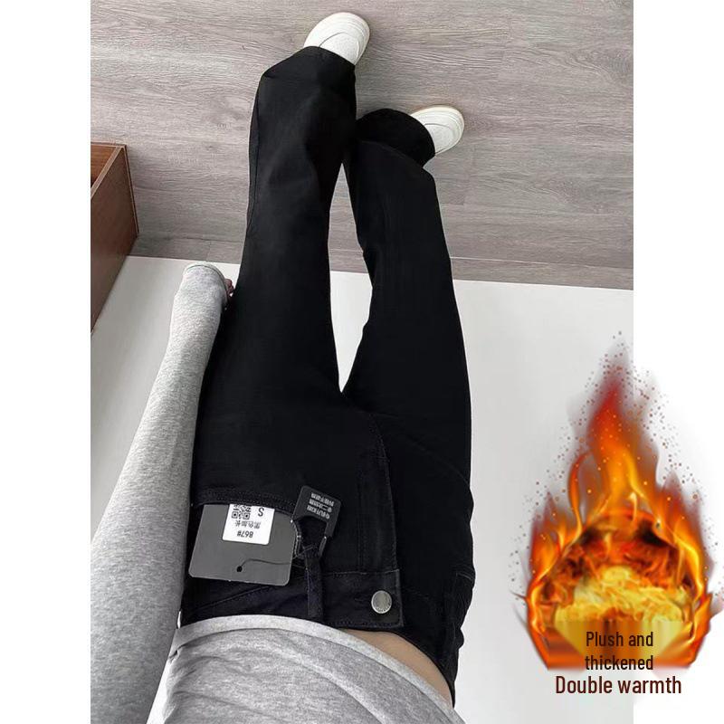 

High Waist Fleece Lined Black Flare Jeans – Women s Slimming Stretch Horseshoe Pants for Autumn/Winter M чорний