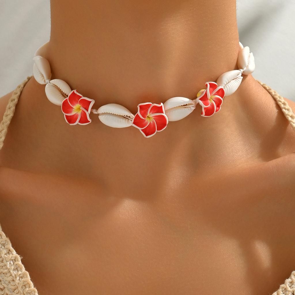 Soft Pottery Egg Flower Shell Hand-woven Necklace Bracelet Anklet Set Pink Beach Wind 18 Hours Delivery