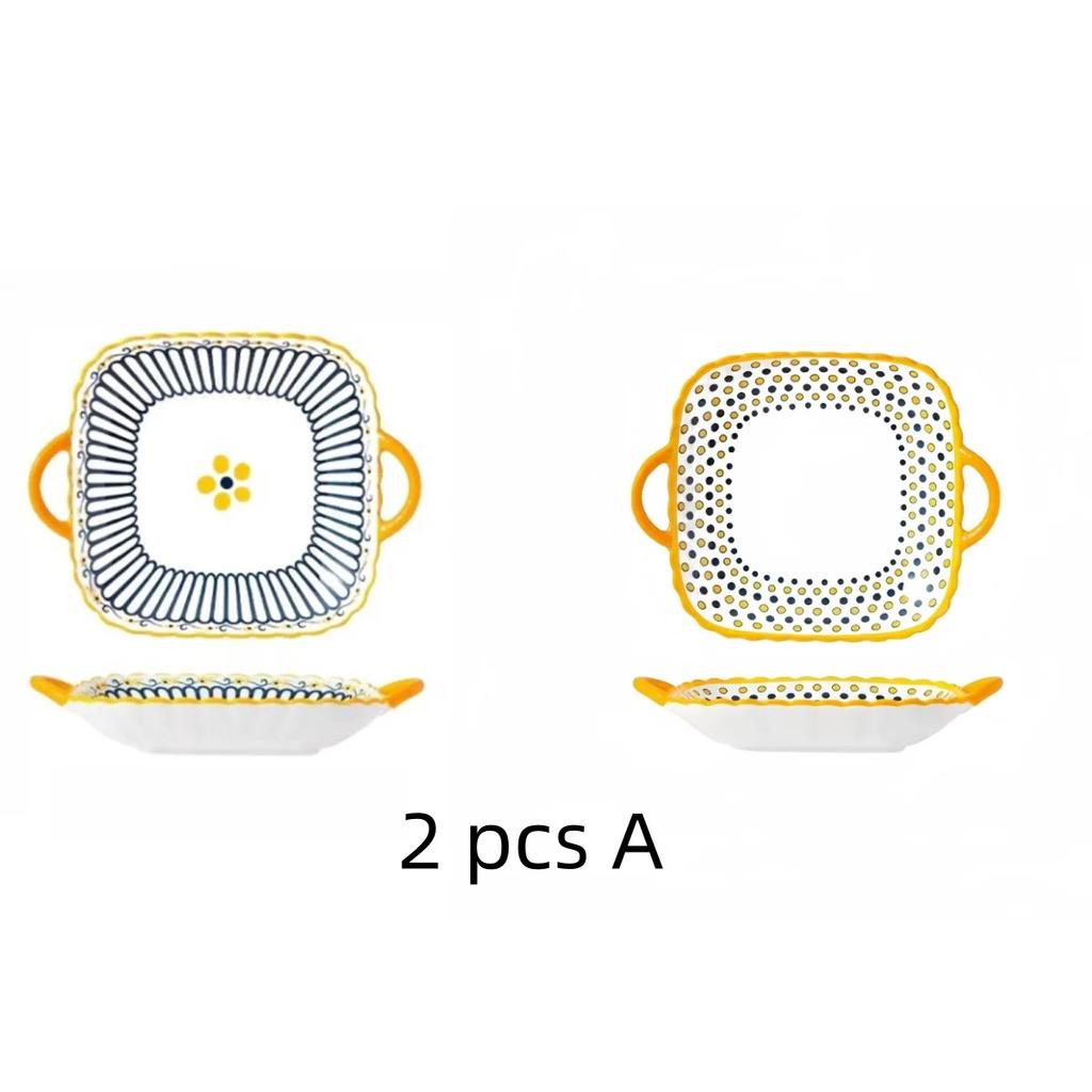 2 Pcs Ceramic Japanese Style Square Plates with Double Ears and Pasta Salad Platessuitable for Microwave Ovens and Ovens