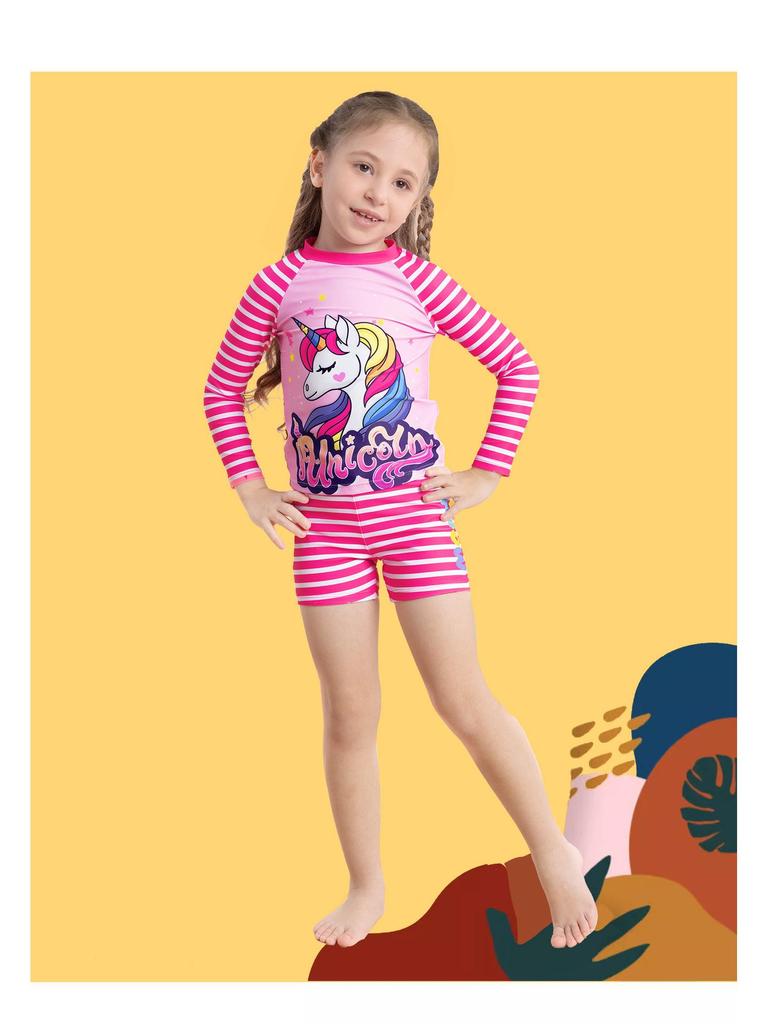Girls' Long Sleeve Unicorn Striped Swimsuit Set (2025)