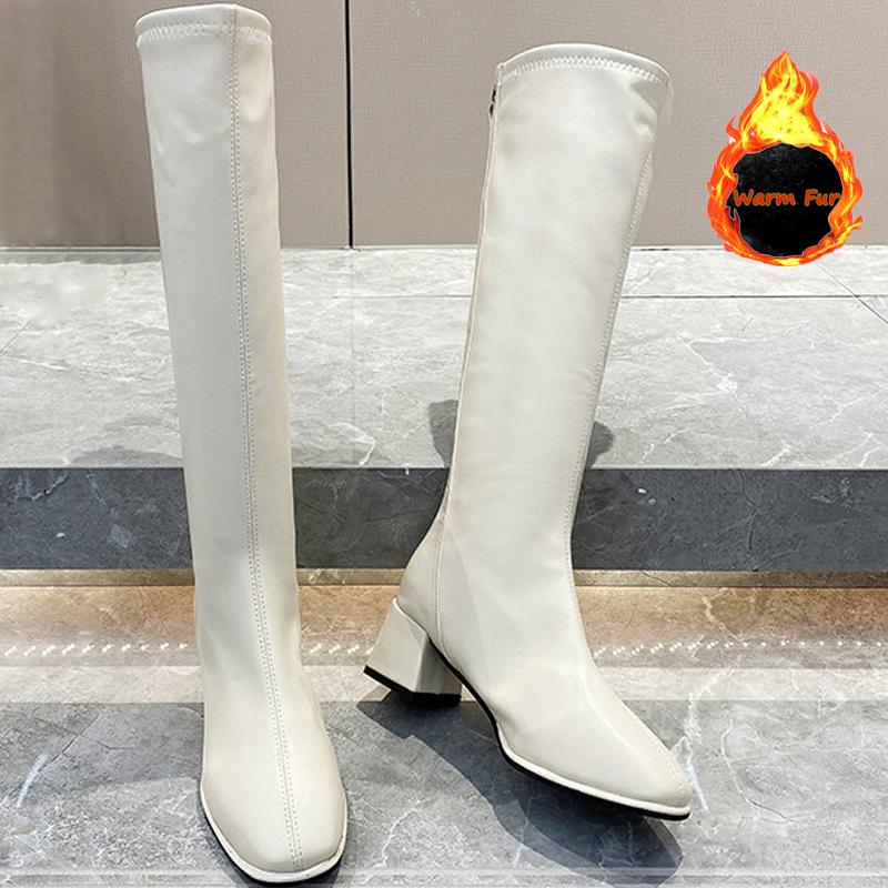 Knee High Boots Women Fleece Chunky High Heels Back Zipper Thigh High Boots PU Leather Shoes Fashion Winter Long Boots