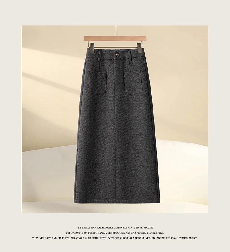 2024 New Women's Khaki Wool A-Line Midi Skirt with High Waist, Loose Fit, Slimming Slit, Perfect for Autumn/Winter.
