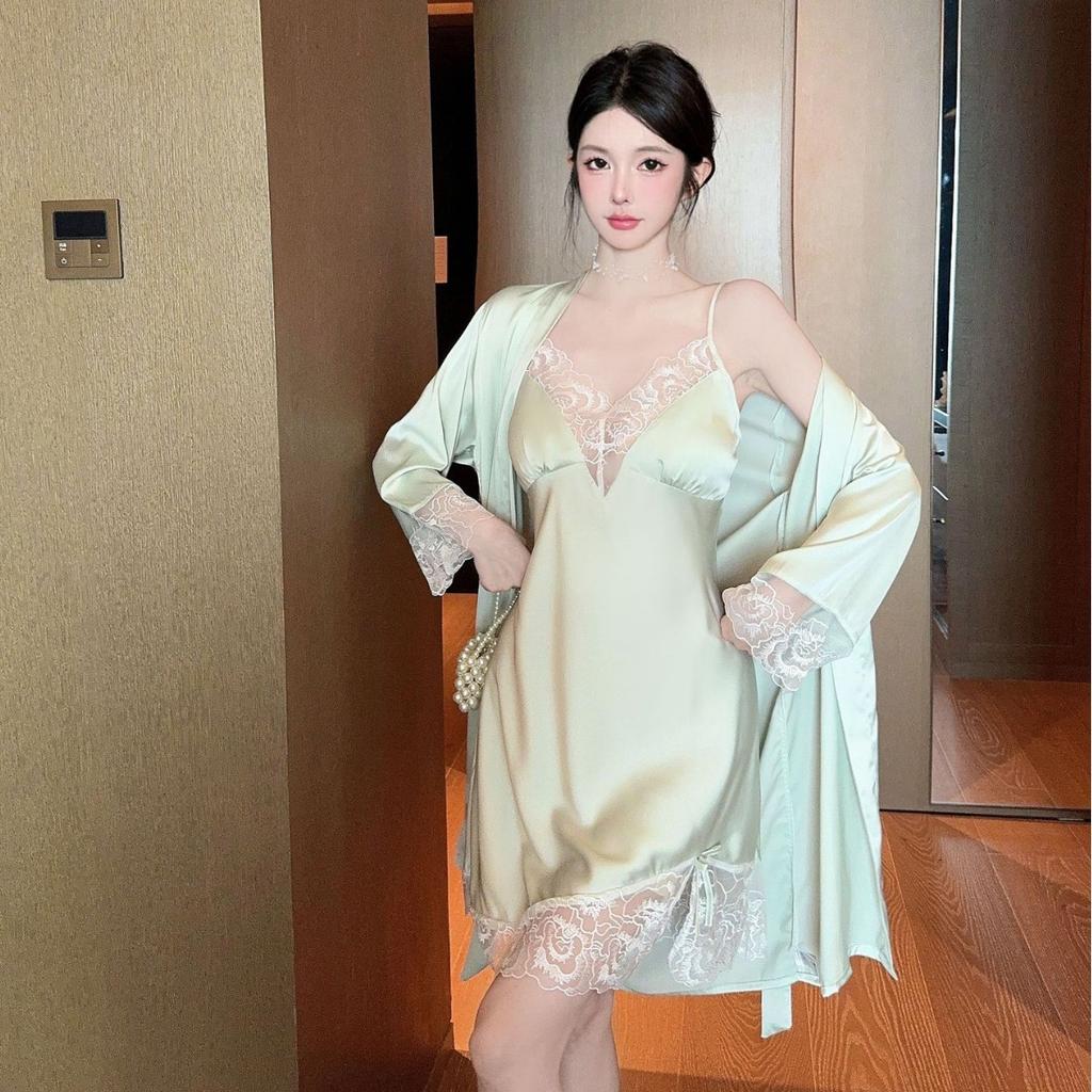 Sexy Pajamas Women Ice Ribbon Chest Pad Pure Wind Lace Suspender Pajamas Two-piece Robe Silk Loungewear