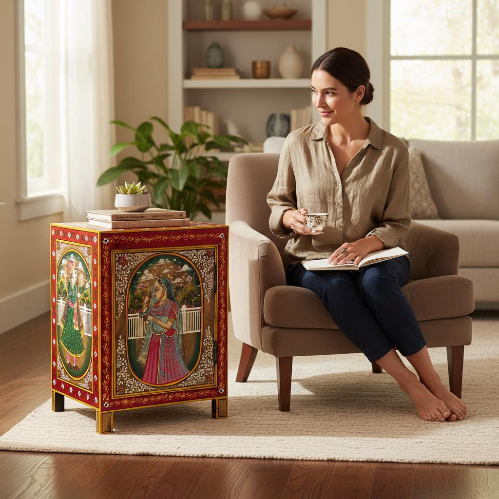 Wooden Painted Bedside Table-Painted Nightstand | Side table | Painted Cabinet Bedroom Furniture-Mughal Art Storage Unit Rajasthani Cabinet