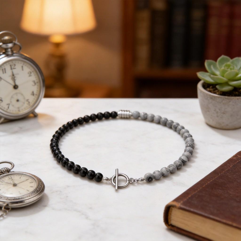 Stainless Steel Volcano Stone Tiger Eye Necklace For Men With Geometric Design And Handmade Craftsmanship