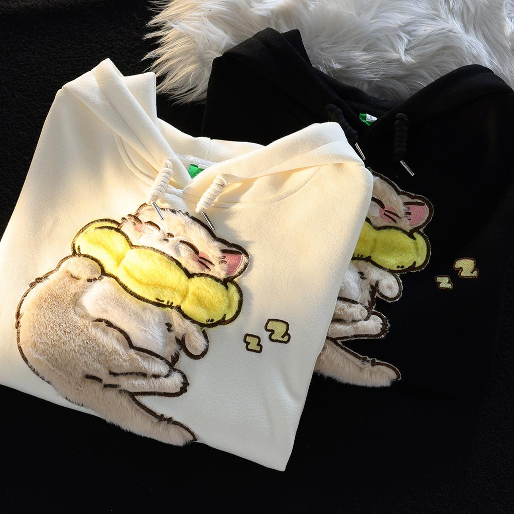 Flocking cute cat hooded sweater, men's and women's niche designs are different, couples' coats are medium and long.