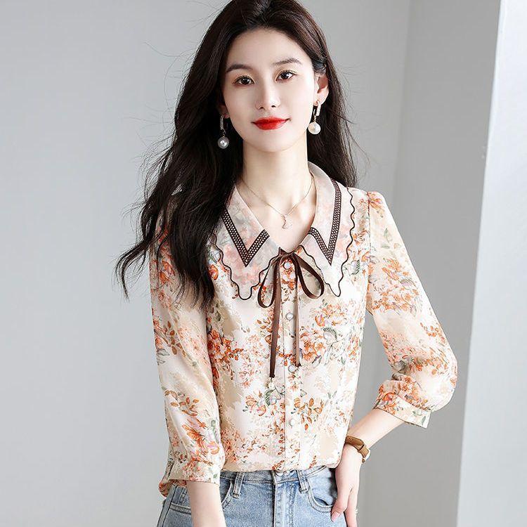 Spring Summer Polo-neck Floral Print Sweet Chiffon Shirt Women Long Sleeve Elegant Fashion Temperament Blouse Lady Buttons Top
