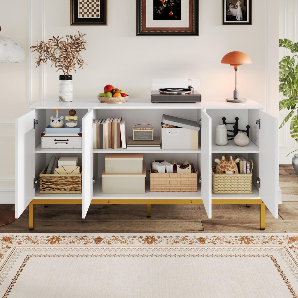 Sideboard, High-Gloss Storage Unit, Gold Handles and Legs, with Shelves. 140×80×40cm