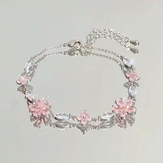 Rosa Zirkon Kirschblüten-Schleifenarmband Elegante Strass-Blumenkette Leichtes Romantisches Design Geschenk für Frauen Zarter Alltags Schmuck