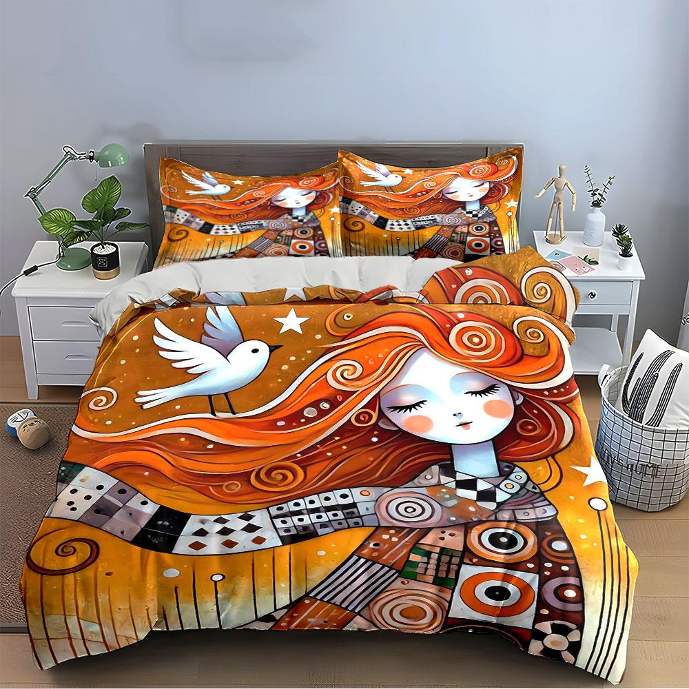 Whimsical Girl with Bird Art Bedding Duvet Cover Set Duvet Cover Pillowcases  (1*Duvet Cover 2*Pillowcases, without duvet insert)