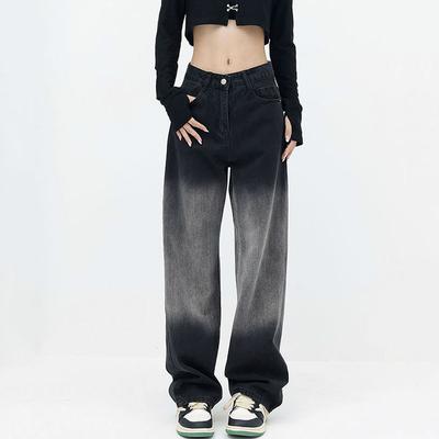 Schwarze Jeans mit Farbverlauf Damen Hohe Taille Locker Damen Gerade Denimhosen Herbst Lässige Damenhose