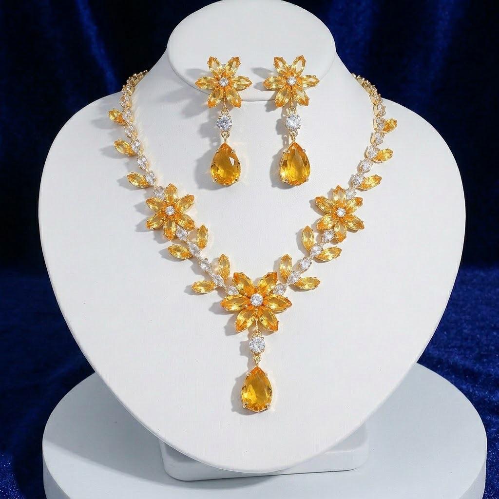 European Style Zircon Flower Tassel Necklace and Earrings Set