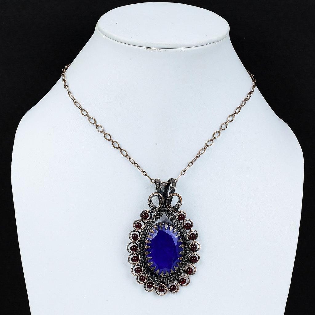lab-Created Blue Sapphire Gemstone Pure Copper Wire Wrapped Handmade Pendant Jewelry