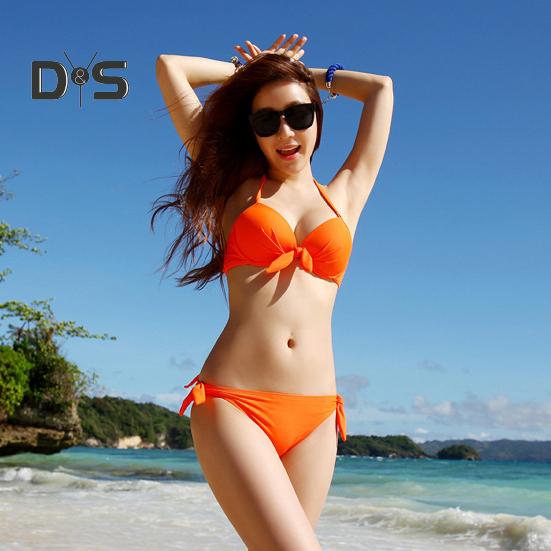 2Pcs/Set Sexy Bikini Set Halter Push-Up Solid Color Bra High Waist Swimming Briefs Set Bowknot Decoration Beachwear
