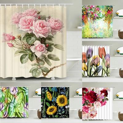 Bunte Tulpen Rosen Blumen Bäume Duschvorhang Badezimmervorhänge Natur Blume Wasserdichtes Polyestergewebe Zuhause Badewannen Dekor