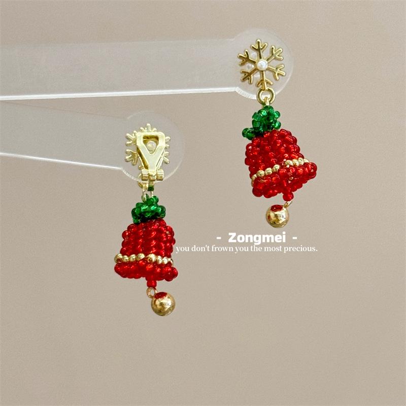 3D Christmas Tree Earrings with Red Bow - Heavy Beaded Crystal Ear Clips, Hand-Woven Holiday Accessories