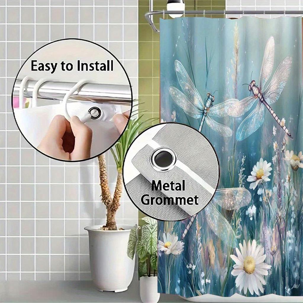 1Pc Elegant Dragonfly & Daisy Shower Curtain - Forest Theme, Waterproof Polyester, 12 Hooks, Machine Washable, All-Season Use