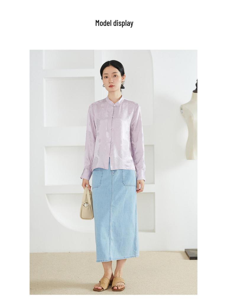 Women's 100% Mulberry Silk Floral Jacquard Shirt with Stand Collar and Frog Button, Long Sleeve Spring Top