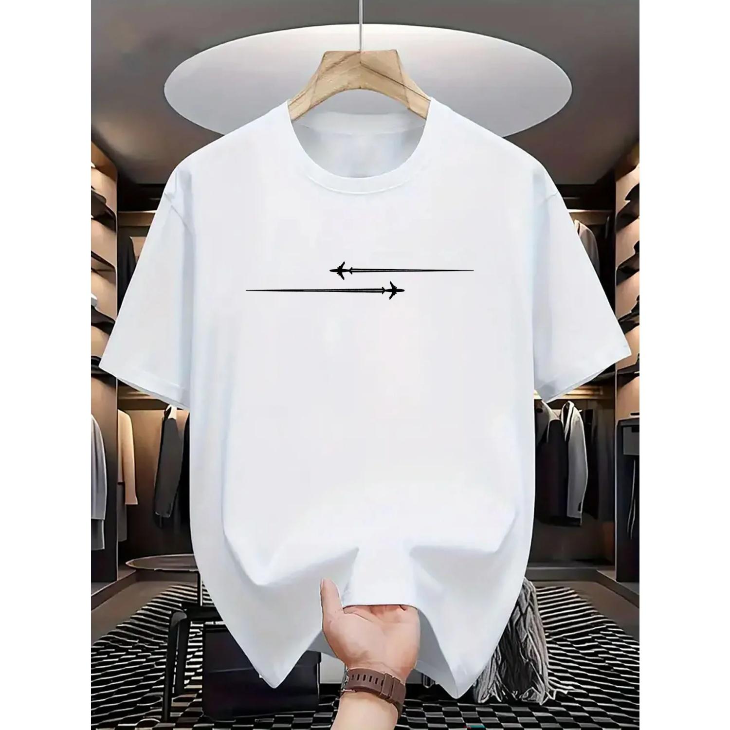 

Summer men s casual loose creative airplane pattern print comfortable sports round neck short sleeved T-shirt S разноцветный