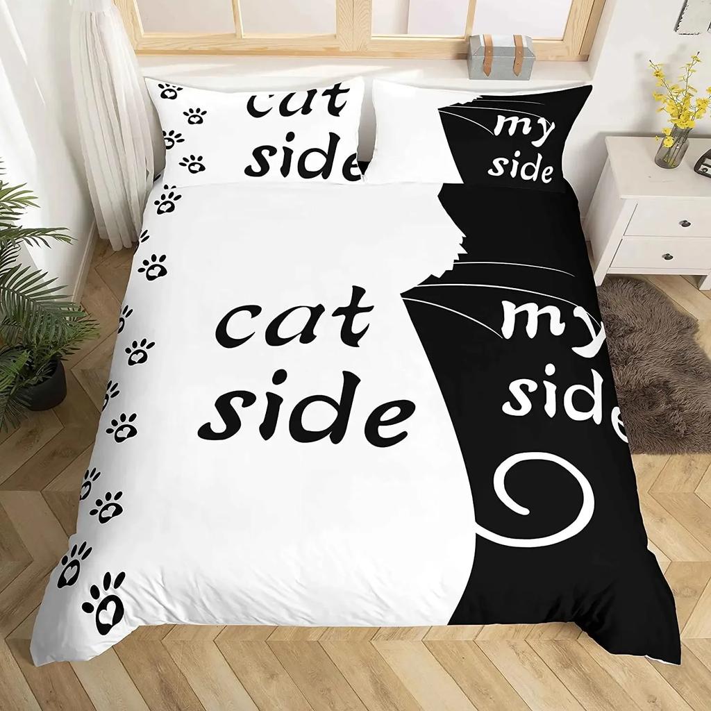 Katze Seite und Meine Seite Schwarz Weiß Katze Modernes Romantisches Thema Bequemer Bettbezug Steppdecke Kissenbezug Bettwäscheset Kinder Schlafzimmer
