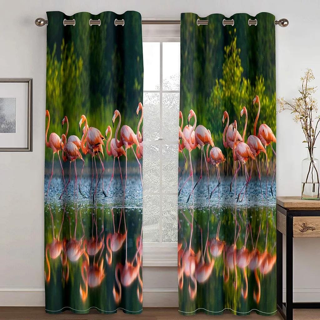 High Quality Flamingo Beach Sea Print Thick Blackout Curtain Pink Animal for Living Room Window High Shading Curtains New Drape