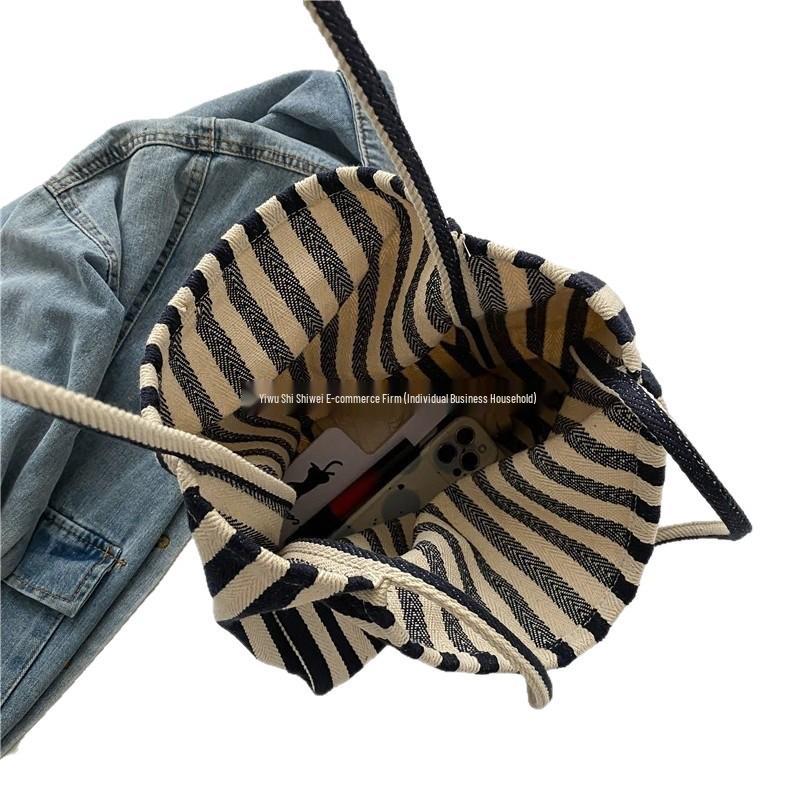 Korean Style Striped Canvas Tote Bag - Large Capacity Shoulder Bag for Women
