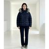Womens Short Puffer Coat With Detachable Faux Fur Collar Hooded Warm Winter Jacket In Plaid Stitching Slim Fit Petite