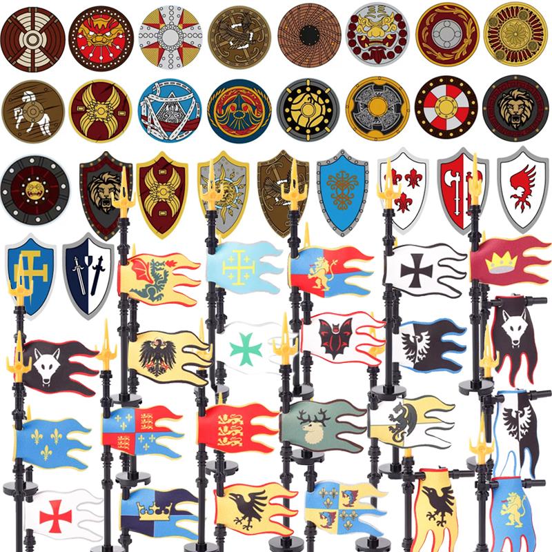 Middle Ages Empire Flag Pole Building Blocks Military Castle Lion Teutonic Knight Soldier Figures Roman Warrior Sheild Brick Toy