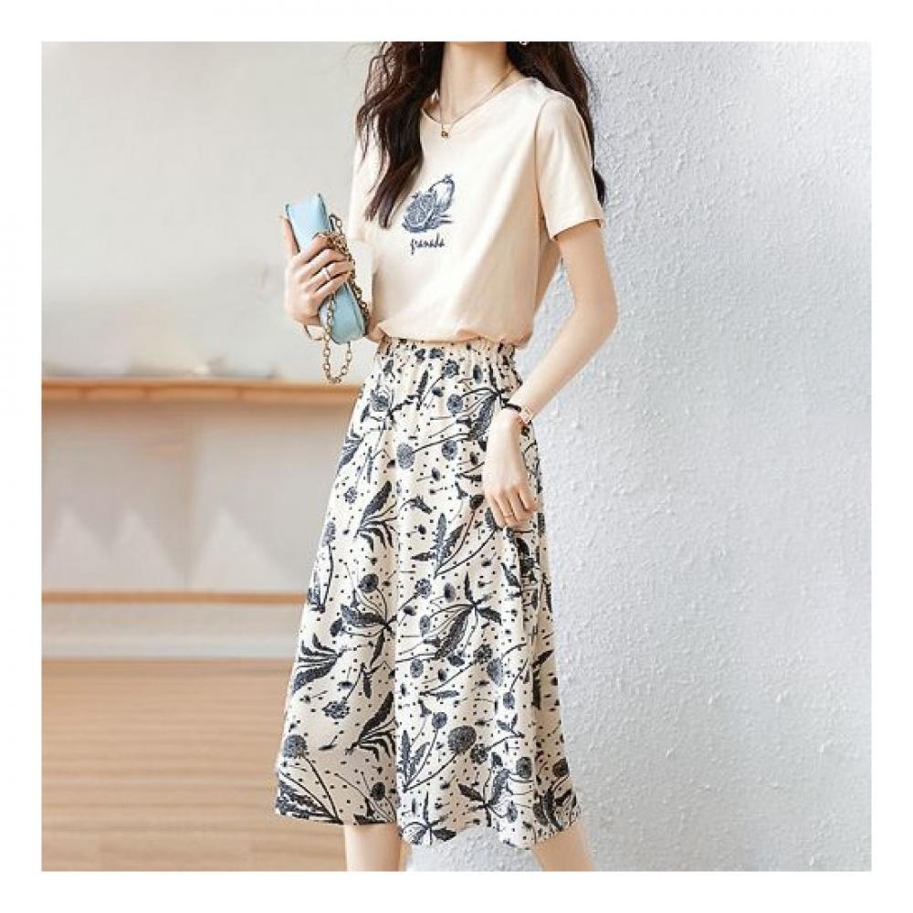 Navava Women Printing Flower Short Sleeve Skirt Two Piece Set No392