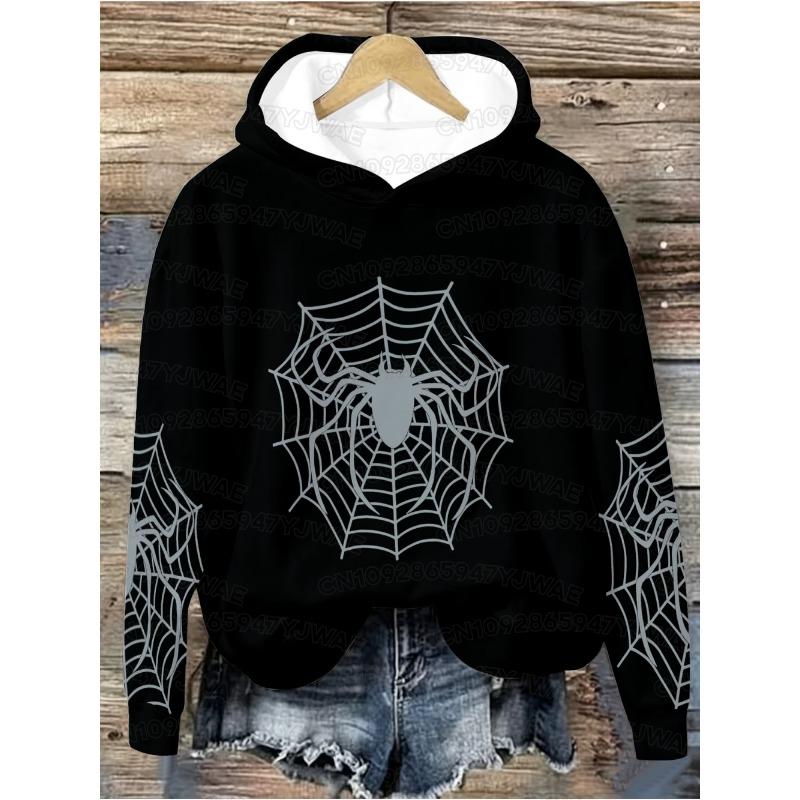 Autumn and Winter Women's Men's Plus Size Hooded Sweatshirt Spider Print Pullover Sweatshirt Halloween Holiday Outfit